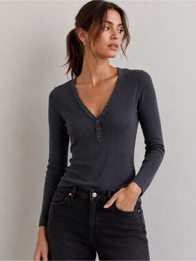 Citizens Of Humanity Aideen Rib Henley Top XS Charcoal Organic Cotton